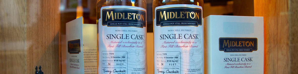 Midleton Single Cask bottle labels with cask, filling date and maturation details.