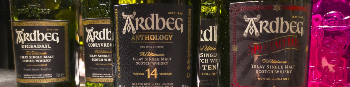 Ardbeg whisky labels including Anthology 14 Years Old and Spectacular.